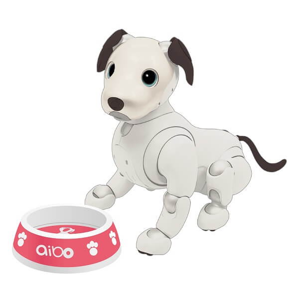 「aiboオフィシャルライセンスプログラム」にもとづいて制作されたコラボ商品の例。専用アプリ「My aibo」アプリのAR（拡張現実）機能を使ってaiboに餌を食べさせることができる「ごはんボウル」