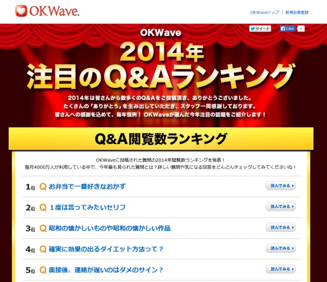 Q&Aサイト「OKWave」の『2014年注目のQ&Aランキング』を発表