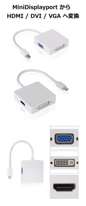 MiniDisplayport to HDMI/DVI/VGA 変換アダプタ 3in1